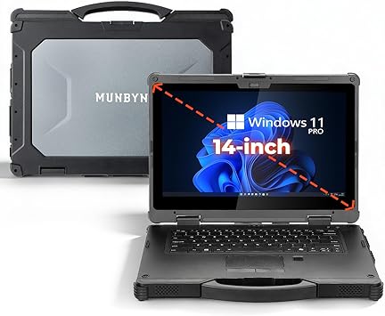 MUNBYN 14-inch Rugged Laptop IRX18, Windows 11 Pro, Intel i5-1235U, 16GB+512GB, Replaceable SSD,1000 Nits High Brightness, 4700mAh+1300mAh Dual Batteries, Wi-Fi 6, IP65, 2Y Protection(New)