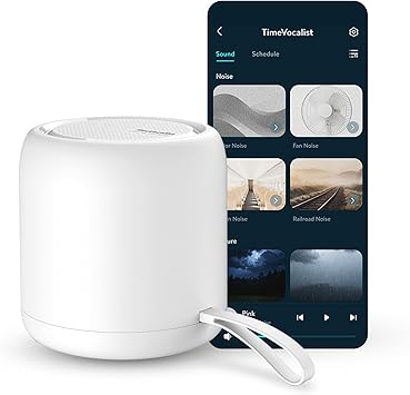 White Noise Sound Machine & Alarm Clock: Color Noises and Custom Soundscapes, App Control, Sleep Schedule, Multiple Alarms, 100 Volume Levels, Built-in Battery