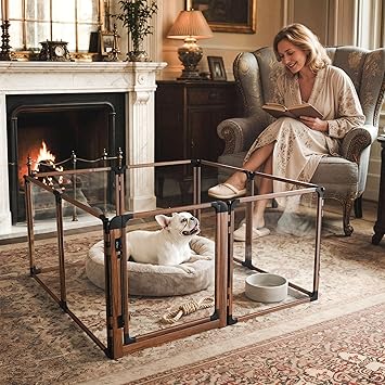 FXW AuraSpace Pro Acrylic Indoor Dog Playpen, Heavy-Duty with Metal Frame, 24" Height 8 Panels for Puppies & Small Dogs, Walnut│Patented
