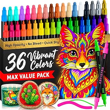 ARTISTRO 36 Precision Dual-Tip Acrylic Paint Markers – Paint Pens Set with Dot & Fine Tips for Fabric, Rock, Glass, Wood, Coloring Books – Classroom & Art Supplies Gift – Teacher Appreciation Gift