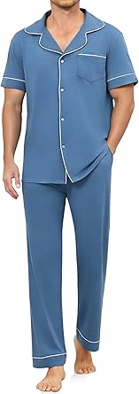 Men's Cotton Pajamas Set Short Sleeve and Long Pants Pjs Two Pieces Fashionable Loungewear with Pockets