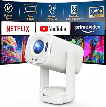 Aurzen D1 air Smart Portable Projector with WiFi and Bluetooth, USB-C Powered, Easy Auto Setup, 16W Dolby Audio, Built-in Apps, Native 1080P HDR10, Outdoor Movie Projector, White