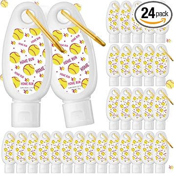 Leelosp 24 Pcs Softball Bulk Mini Sunscreen with Carabiner Bulk Travel Size 1oz Spf 30+ Sport Party Favor Water-resistant Sunscreen Keychain Bottle Softball Team Gift for Girls Friends Party Supplies