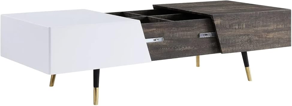 Mid-Century Coffee Table White High Gloss & Rustic Oak Retractable Center