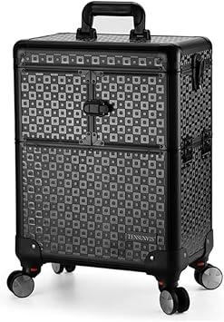 Professional Makeup Case Aluminum ABS Travel Beauty Manicurist Multilayer Black Large Suitcase Roller Luggage
