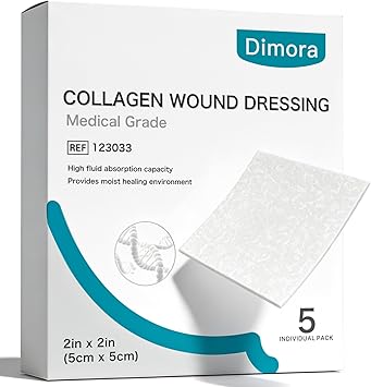 Dimora Collagen Wound Dressing 100% Bovine Type I Collagen Sponge, High Absorbency (4X Fluid), Biodegradable for Chronic & Acute Wounds, Promotes Faster Healing 2"X2" 5PCS