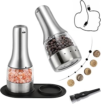 Electric Salt and Pepper Grinder Mill Set, 90ml Rechargeable Automatic Salt and Pepper Shakers with Dusty Tray, LED Lights, 5 Adjustable Coarseness for Kitchen, Outdoor Birthday Gifts for Women Mom