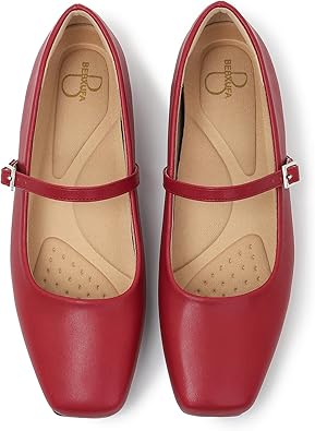 Women's Square Toe Mary Jane Ballet Flats Shoes with Adjustable Strap, Slip On Comfortable Work Flats, Soft Leather Dressy Shoes