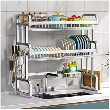 2-Tier Expandable Stainless Steel Dish Rack Over Sink, Space-Saving Drying Shelf with Kitchen Utensil Holder, Adjustable 33 x 11 x 33 Inches for Efficient Kitchen Organization