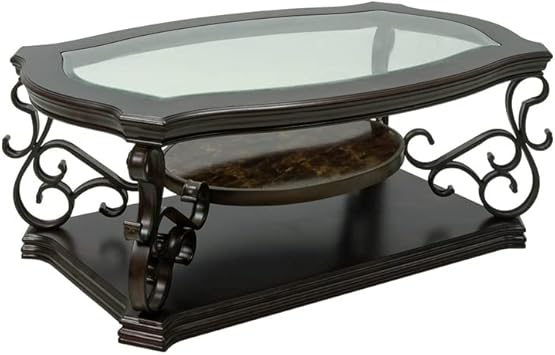 Cocktail Coffee Table Sofa Tea Glass Desktop Marble Paper Middle Shelf Coated Metal Legs
