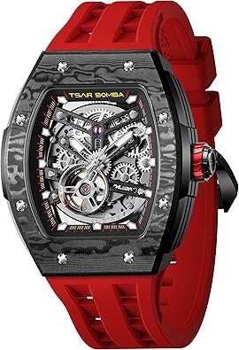 TSAR BOMBA Men's Automatic Watch Tonneau Luxury Skeleton Watches for Men Mechanical 50M Waterproof Analogue Watches Mens Unique Cool Square Big Face Dial Wristwatch with Silicone Strap Band