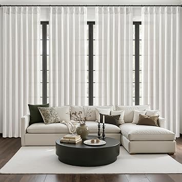 Off White Pinch Pleated Natural Linen Sheer Living Room Curtains 96 Inches Long 4 Panels Set, Memory Trained Light Filtering Farmhouse Curtain & Drapes for Sliding Glass Doors Hooks Rings Beige-White