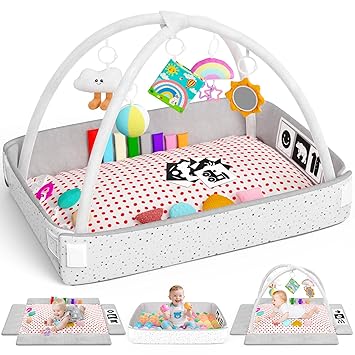 Baby Play Gym Mat Baby Toys Tummy Time Mat with 5 Detachable Toy Activity Center Newborn Infant Toy Babies Boy Girl Gifts for Babies Toys 0-3-6-12 Months Newborn Infant Babies Essentials Gift