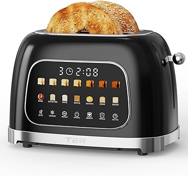 Toaster 2 Slice, Touch Screen Wide Slot Retro Toaster for Bagel & Thick Breads, Stainless Steel Smart Digital Toasters, 7 Bread Modes & 7 Browning Levels, Mute Mode, Memory, Defrost & Reheat, Black
