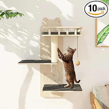 Cat Wall Shelves, 3 Platform Kitten Wall Furniture, DIY for Painting Cats Scratching Post with Sisal Scratching Post and Ball Toy