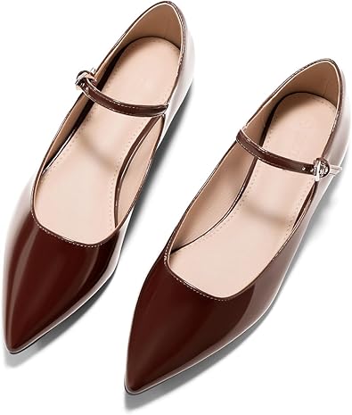 Coutgo Womens Mary Jane Flats Closed Pointed Toe Ballet Flats Ankle Strap Work Dress Shoes