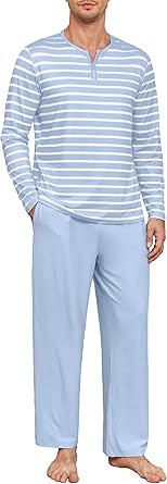 PrinStory Men's Pajamas Set Long Sleeve Pjs 2 Piece Comfy Pajama Sleepwear Henley Loungewear Sets with Pockets
