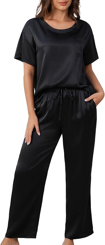 THXSILK Mulberry Silk Womens Pajama Set with Pocket, 2 Piece Lounge Sets for Women, Short Sleeve Sleepwear