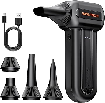 WOLFBOX MF60&MF70 Compressed Air Duster-110000RPM Super Power Electric Air Duster, 3-Speed Adjustable Rechargeable Cordless Air Blower with Fast Charging for PC Keyboard Cleaning, Car, Home (Black)