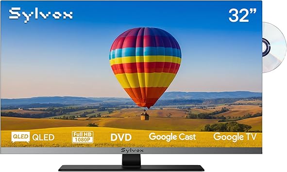 SYLVOX 32" 12V/24V Smart RV TV with Google TV & Built-in DVD Player, Frameless 1080P Full HD QLED Display, Shock-Resistant, Wide Voltage Support (9–32V), Voice Control Remote (Limo QLED Series)