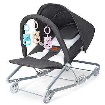 HKAI Baby Bouncer with Canopy, 2-Mode Rocking & Rolling Infant Bouncer Seat, Portable Baby Chair for 0–18 Months (Grey)