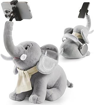 Phone Holder, Phone Mount with 360° Rotating Clip 45° Adjustable Trunk, Elephant Stuffed Animal with Ear Pockets Glasses Cloth Scarf & Back Headphone Fit, Cell Phone Holder for Desk Bed Sofa Car- Gray