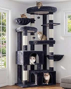 Hey-brother Cat Tree, 67.3 Inches Tower with 3 Soft Platform Beds, 2 Large Condos, 9 Sisal Scratching Posts, 2 Hammocks and Toys, Multi-Level Step House for Multiple Indoor Kittens, Smoky Gray MPJ084G