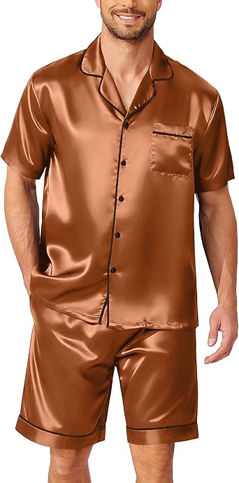 Ekouaer Mens Pajamas Set Silk Satin Sleepwear Short Sleeve Button Down Pjs Set 2 Piece Loungewear with Pockets S-XXL