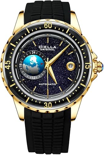 Diella Automatic Watches for Men, Luxury Black Jade Men's Dress Wrist Watch, Self Winding Mechanical Gold Stainless Steel Case Watch with Date, Luminous Starry Sky Globe (Model: AD6058G)