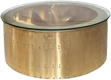 Brass Finish Coffee Table Turbine Aviator Round Table, Industrial Modern Living Room Centerpiece Home Office Design