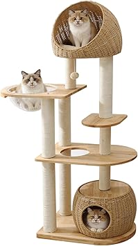 Modern Cat Tree Wood for Indoor Cats, 59-Inch Multi-Level Cat Tower with Scratching Post for Large Cats, Sturdy Cat Condo with Two Handwoven Basket and Capsule, Easy to Clean