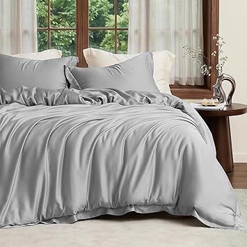 Amélie Home Queen Size Tencel Lyocell Duvet Cover Set, Ultra Soft Breathable Cooling Summer Bedding for Hot Sleepers, 1 Duvet Cover and 2 Pillow Shams, 90"x90", Grey, Comforter Not Included