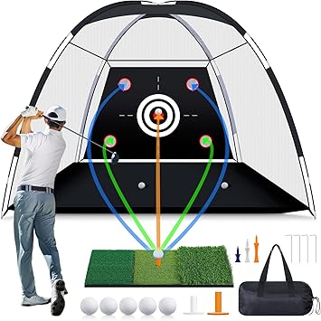MoKo Golf Net with Practice Mat, 10 x 7 ft Golf Hitting Net for Outdoor Indoor Backyard Driving Chipping Swing Training, All-in-One Multi-Target Practice Nets, Gifts for Men Dad Him and Golfer