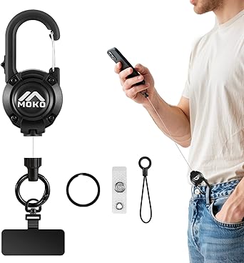 MoKo Anti-theft Phone Tether Lanyard, Retractable & Lockable Steel Line Anti-Drop Phone Strap with 360° Tether Tab, Badge Reel, Keychain for Outdoor Hiking Climbing Fishing Skiing Cycling, Black