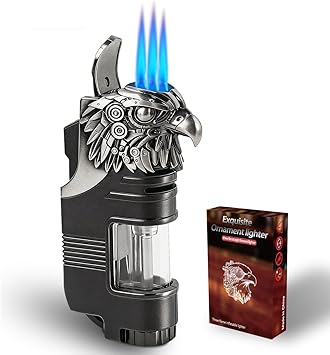Torch Lighter, Triple Jet Flame Butane Refill Small Torch Lighters, Adjustable Flame Mini Pocket Torch Windproof Lighters with Metal Eagle-Head Decoration, Black (Without Fuel)