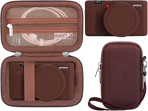 BOVKE 2-in-1 Camera Case for Sony ZV-1 Digital Camera for Content Creator, Silicone Skin Case + Hard Case Carrying Bag Protective Bundle for Sony ZV1 Camera, Brown