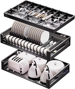 3 Tier Pull Out Cabinet Organizer, Heavy-Duty Slide Out Shelf, Dish Rack Flatware Basket and Utensil Basket Combo, Pull Out Drawer for for Kitchen Under Sink Space, Pantry, Bathroom