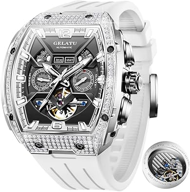 OLEVS GELATU Men Watch Automatic Tonneau Watch Skeleton Mechanical 50M Waterproof Square Male Watches White/Black/Rose Gold