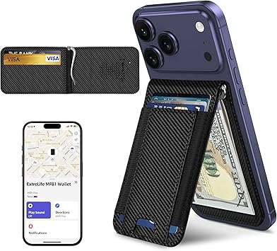ExtreLife MagSafe Wallet with Money Clip, Work with Apple Find My, Magnetic Phone Wallet Stand for iPhone 17/16/15/14/13/12 Series, 8 Card Holder, RFID Blocking, Rechargeable, Carbon Fiber Black
