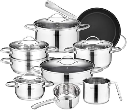 Stainless Steel Kitchen Utensil Set 14 Piece Pan Nonstick Skillet Casserole With Glass Lid
