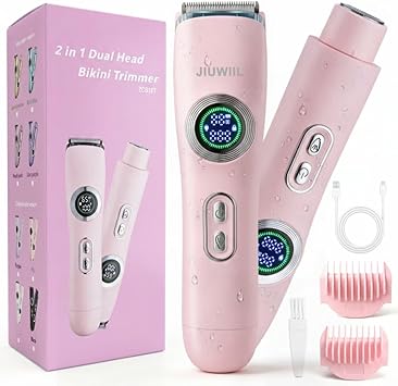 Bikini Trimmer for Women, JIUWIIL 2 in 1 Electric Razors for Women, IPX7 Waterproof Dual Head Electric Shaver,Wet & Dry Use Body Hair Trimmer, Facial Hair Remover for Bikini Underarm Leg Arm (Pink)