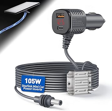 105W Boost Starlink Mini Car Adapter—Stops Reboots & Power Supply Damaged Starlink Mini Cable+Cigarette Lighter Adapter 12V-24V with Digital Display DC Power Cable for Car, Rvs, and Boats (6.5FT)