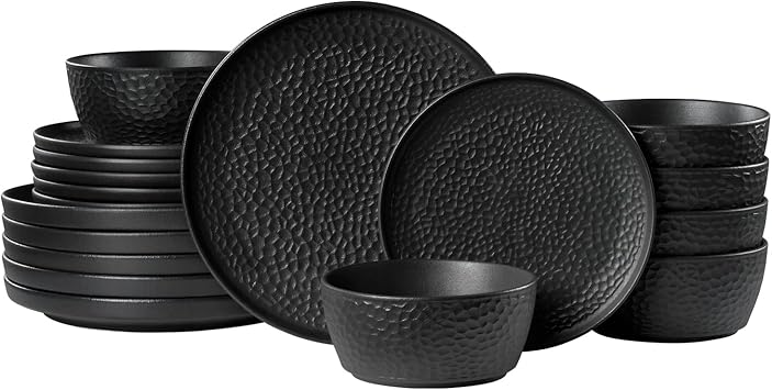 KINGSTONE Ceramic Dinnerware Set, 18-Piece Porcelain Plates and Bowls Set for 6, Matte Black or White, Hammered Texture, Microwave, Dishwasher & Oven Safe, Perfect for Home, Weddings & Gifts