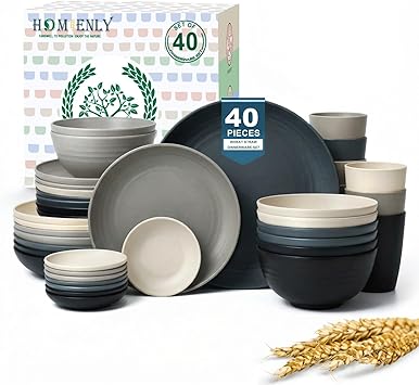 Homienly 40 PCS Wheat Straw Dinnerwave Sets for 8 Unbreakable Plates and Bowls Sets with Cups & Saucers, Microwave Dishwasher Safe Dishes Sets for Kitchen, Camping, RV, Party, Stackable (Gery Stone)