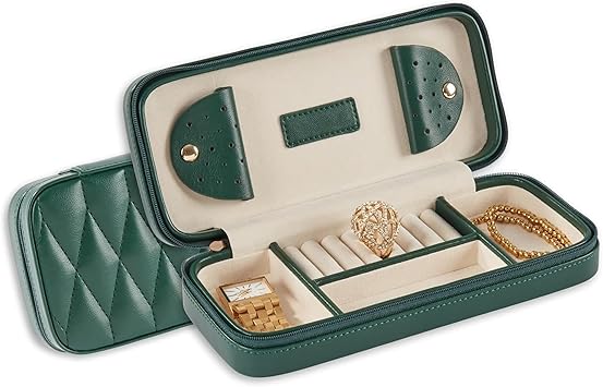 Bey-Berk Diamond-Quilted Leather Travel Jewelry Case, Green, 9" x 4" x 1.75"