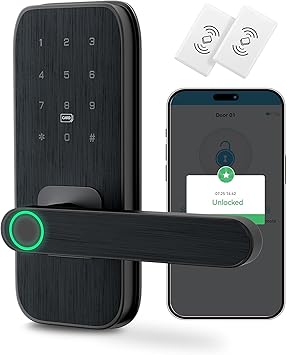 Fingerprint Door Lock with Handle for Bedroom, 5-in-1 Keyless Entry Smart Lock, TTLock App, Keypad, RFID Card & Key, Auto Lock, Guest Codes, Easy DIY Install for Front Door, Office, Airbnb