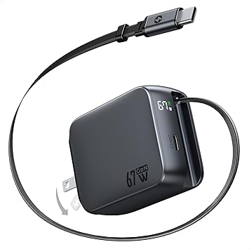 Retractable USB C Charger, 67W 2-Port Fast Charger with Retractable Cables and Foldable Plug and, PD/PPS Wall Adapter for iPhone 17/16/15 Series/MacBook Air/Airpods 4/Galaxy S26/S25