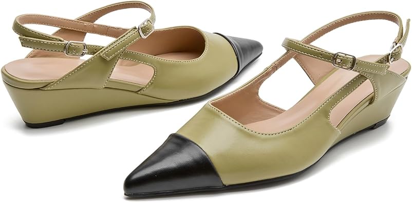 Women's Dress Shoes Low Heels Closed Toe Two-Tone Slingback Wedge Shoes Pointed Jane Pumps with Adjustable Ankle Strap Comfort Low Heel Dress Shoes for Work Date Wedding