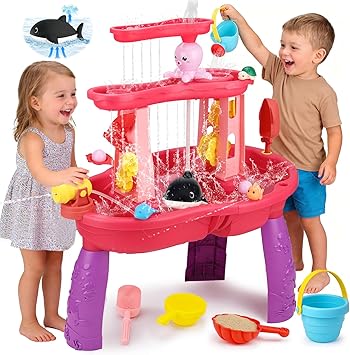 2026 Water Table for Toddlers 1-3 3-5 with Pump, 3-Tier Outdoor Sand Water Play Table Toys for Kids Ages 4-8 Outside Activity Sensory Summer Beach Pool Backyard Splash Pond Toys for Boys Girls Gifts