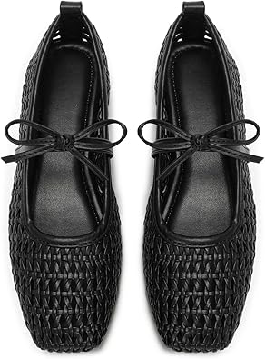 Women's Square Toe Ballet Flats, Mary Jane Bow Slip-On, Foldable Mesh Woven Ballerina Flat Shoes, Dressy Comfortable for Work, Office & Casual